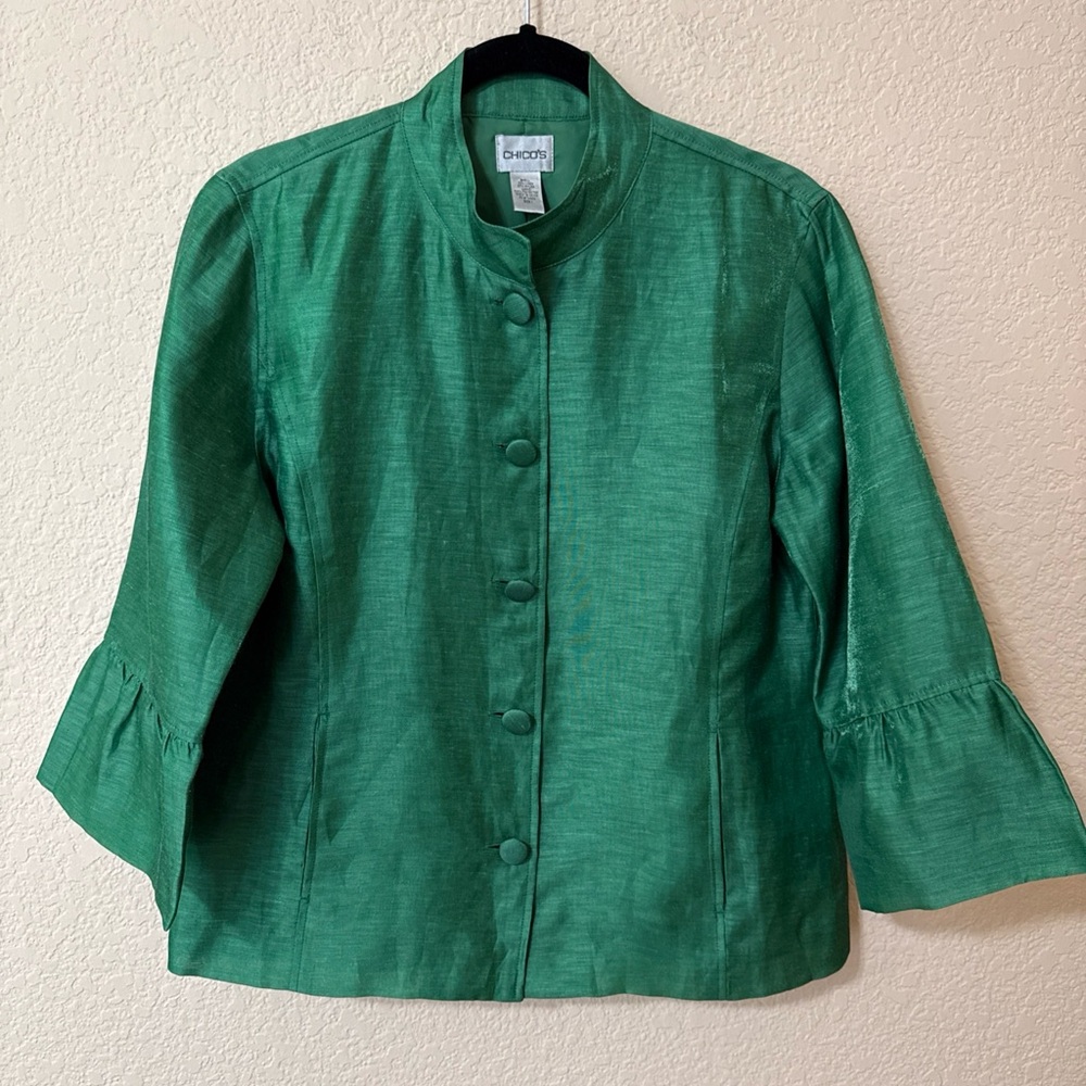 Chico's Kelly Green Linen Blend Shimmer Blazer Sz 1/ M Lined 3/4 Bell Slv Career
